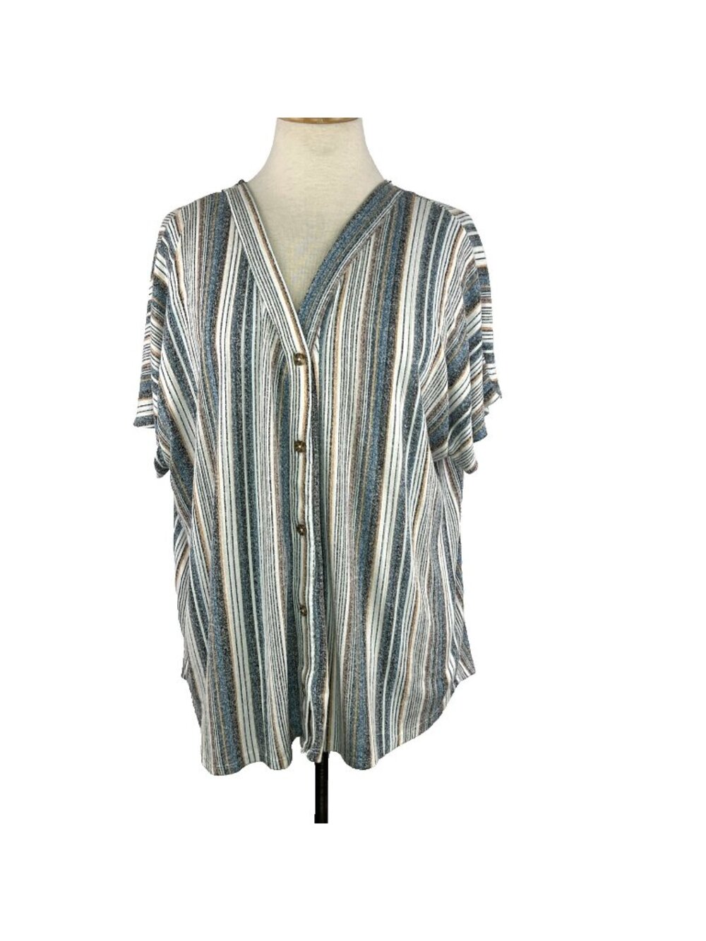 Blue Mood Size 2X Blue Yellow Brown Black Striped Short Sleeve Button Front Top
